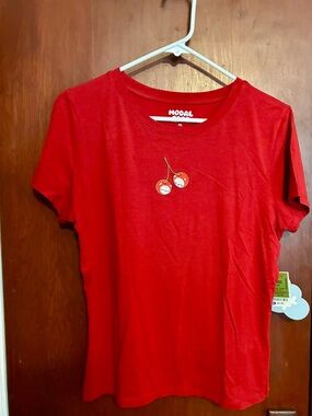 Modal Red Short Sleeve Tee with Cherry Embroidery